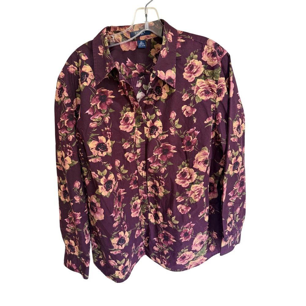 Chaps Womens 2X Floral Button Down Shirt Plum Purple Pink Rose 100% Cotton L/S